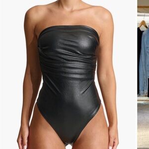 Naked Wardrobe Plum Faux Leather Strapless Bodysuit Size M